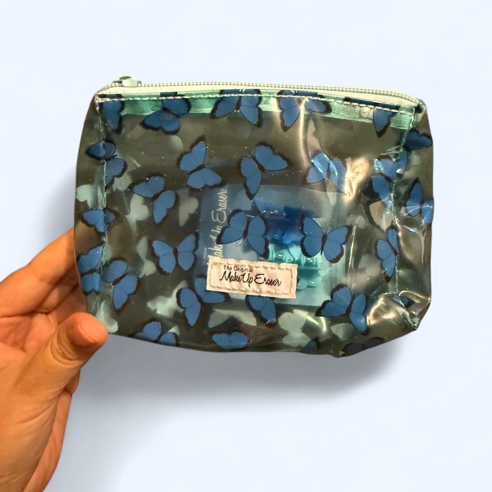 Blue butterfly makeup eraser bag with zipper closure